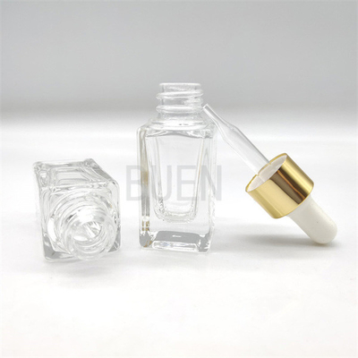 Empty Glass Clear Serum Bottles Square With Wood Grain Dropper Cap